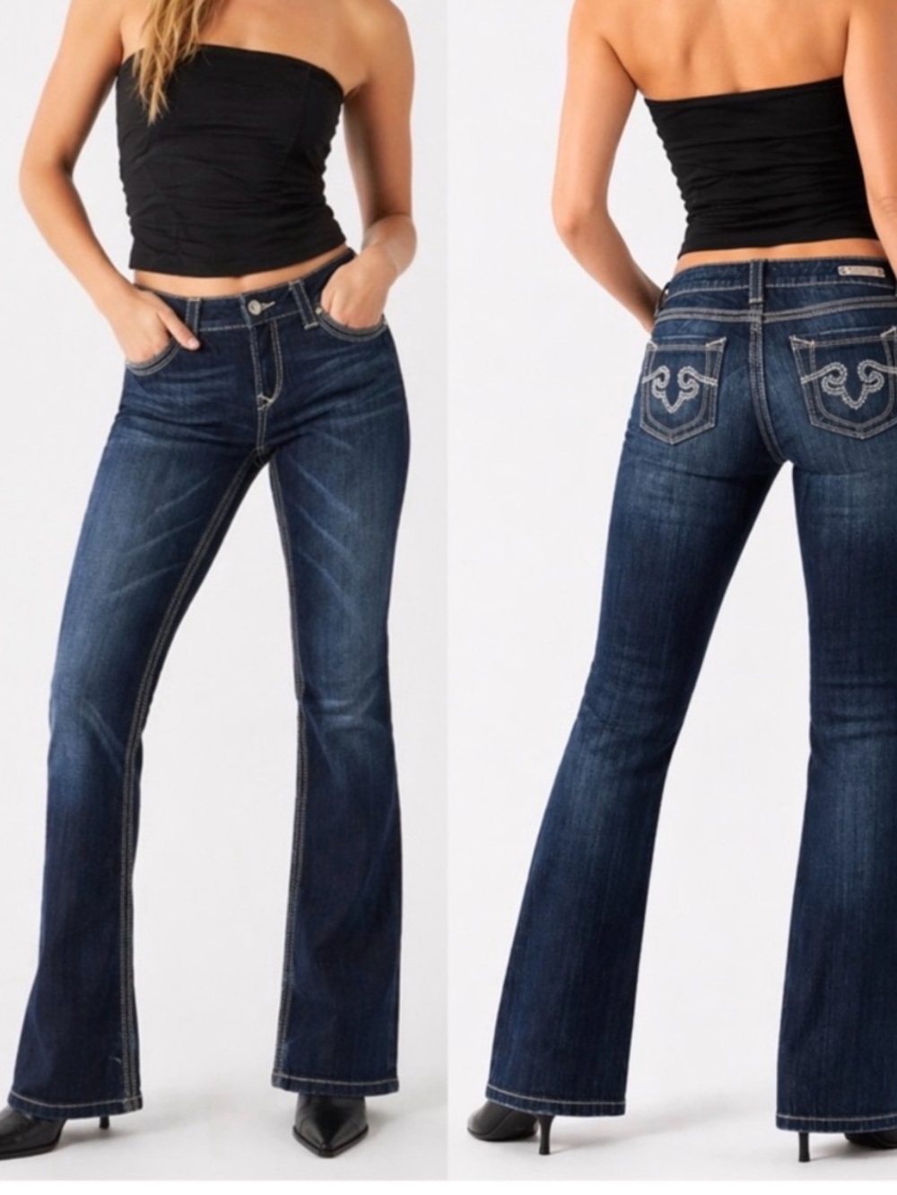 Women's Dark Blue Flare Jeans with Faded Detail 233